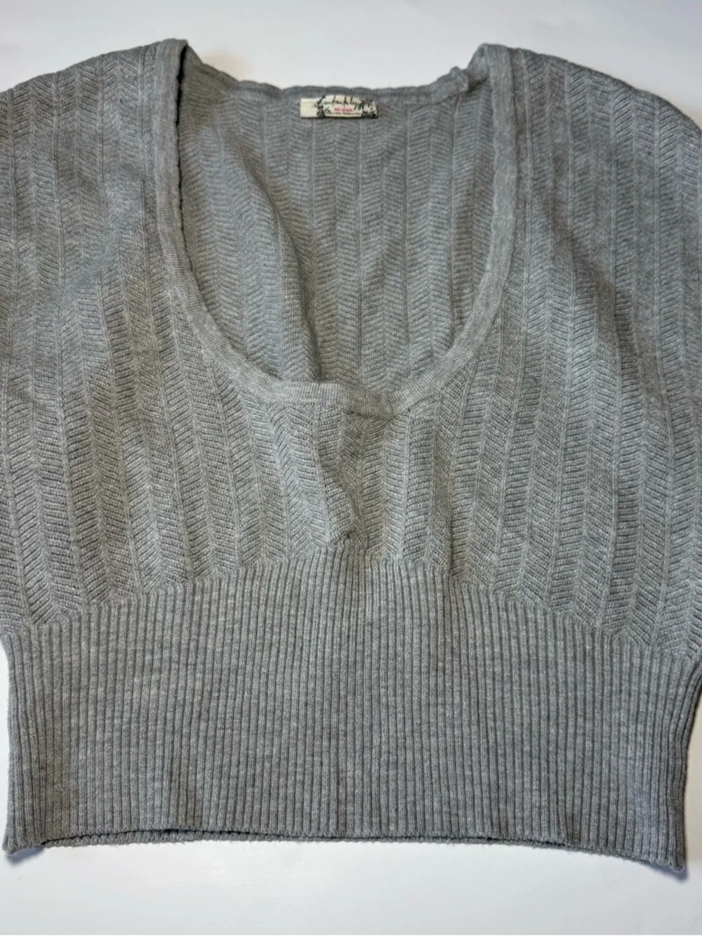 Free People Gray Scoop-Neck Textured Knit Sweater Top‎